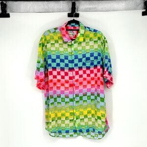 Vtg 90s Jams World Rainbow Checked Button Up Short Sleeve Shirt - Medium